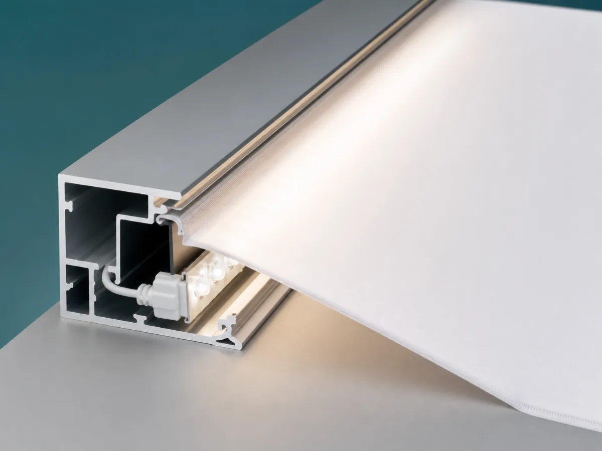 Integrated LED modules illuminating fabric inside a silver SEG lightbox extrusion
