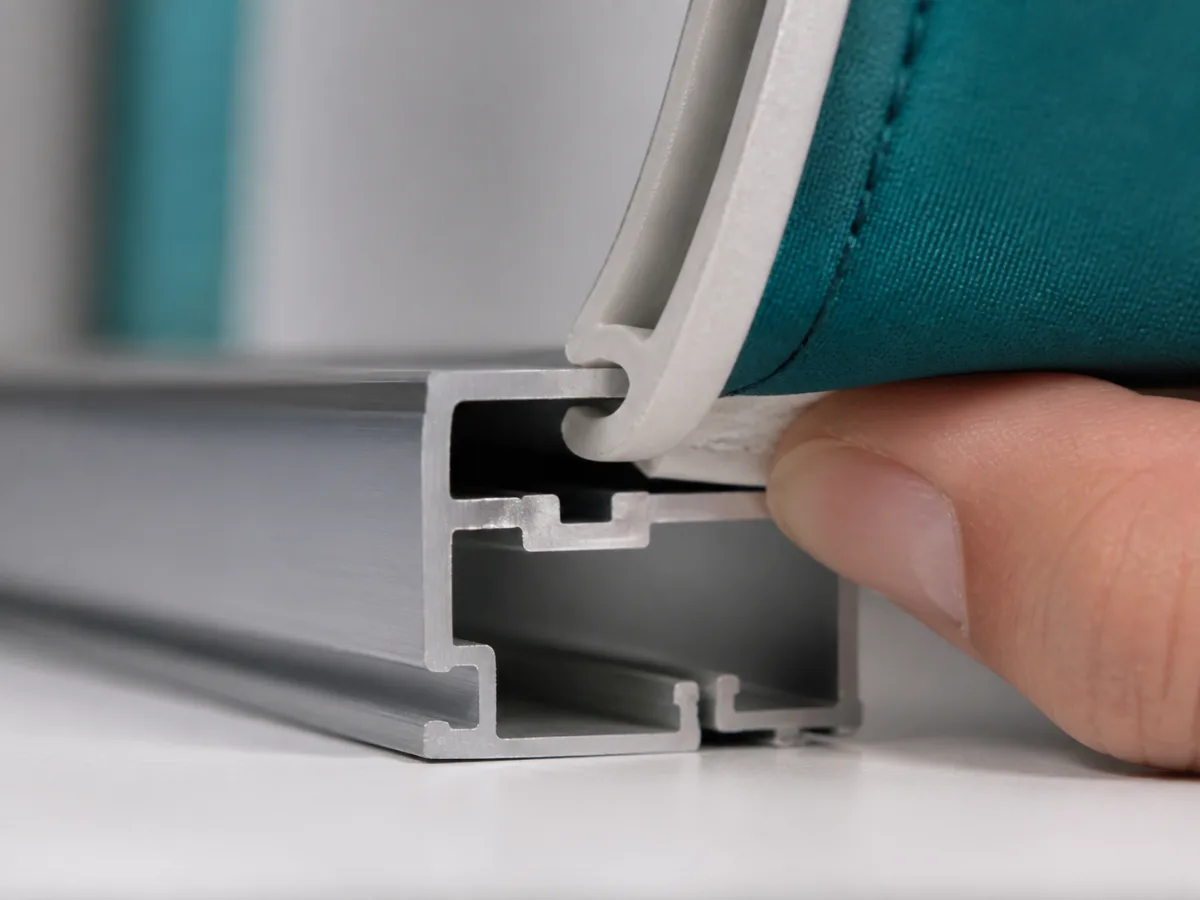Silicone edge being inserted into the channel of an aluminum SEG extrusion
