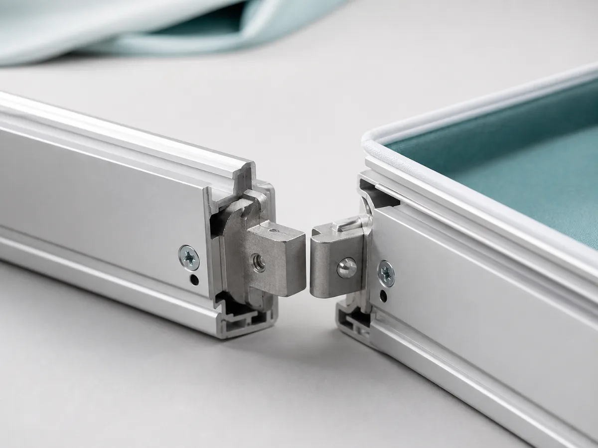 Close-up of precision connectors joining two silver SEG aluminum frame sections
