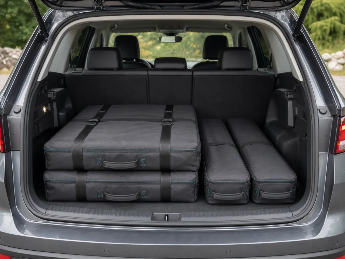 Four compact SEG transport cases packed securely in a vehicle cargo area