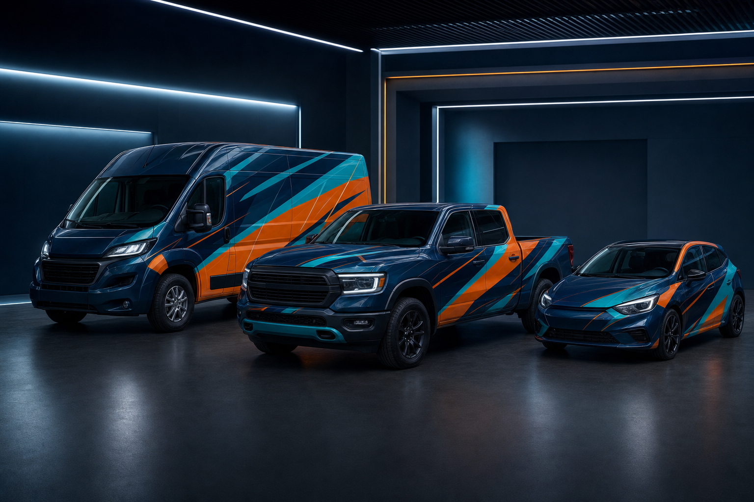 Commercial fleet with coordinated premium vehicle graphics